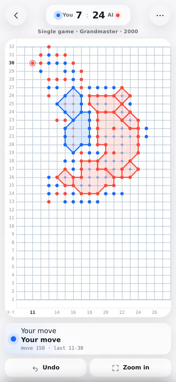 A game on the 39×32 sheet: captured areas are shaded